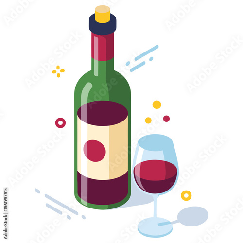 Colorful illustration of wine bottle and glass on white background