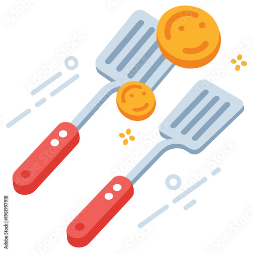 Happy pancakes on spatulas with smiley faces in cheerful design