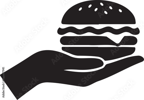 Minimalist burger icon held in hand vector, black silhouette of cheeseburger and palm, fast food delivery and restaurant service graphic