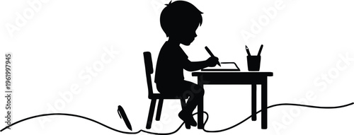 Silhouette of young writer with notebook and pencil, simple clean shape