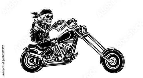 Skeleton Biker Riding a Custom Chopper Motorcycle Vector Illustration