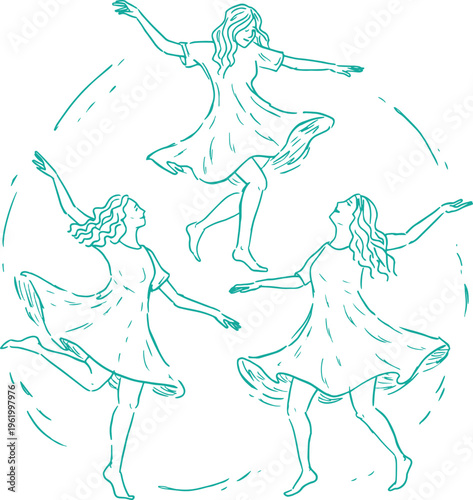 Three women dancing in flowing dresses teal outline