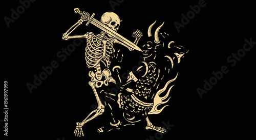 Vintage woodcut illustration of a skeleton warrior fighting a horned demon with a sword in a gothic style