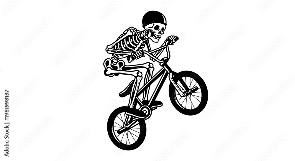 Naklejka premium Skeleton riding a BMX bike performing a wheelie stunt, black and white vector illustration of an extreme cyclist