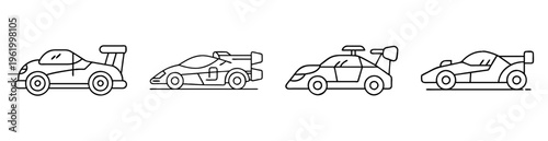 Four outline race cars with various spoiler configurations in side view