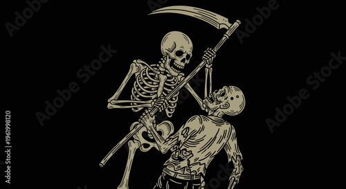 Grim Reaper Skeleton Fighting a Zombie with a Scythe, Dark Horror Vector Illustration