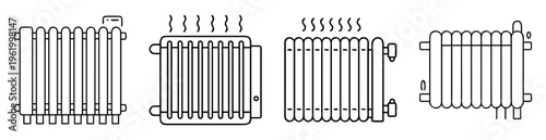 Illustrative depiction of four radiator types with heat waves for heating system