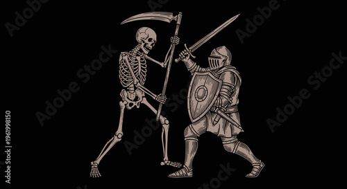 Medieval Knight in Armor Fighting a Skeleton Grim Reaper, Woodcut Engraving Style Illustration of Life versus Death Battle, Vector Art
