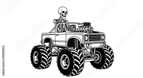 Skeleton Driving a Powerful Monster Truck Vector Illustration with Large Tires and Exposed Engine
