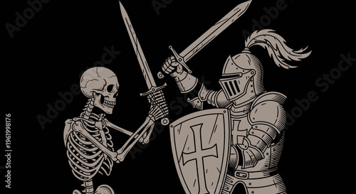 Medieval Knight in Full Armor Fighting a Skeleton with Swords, Vintage Woodcut Style Illustration