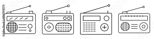 Outlined vintage radios with tuning dials and antennas in a row