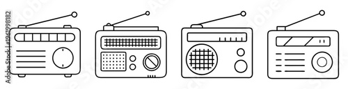 Retro Radios with Antennas and Different Designs, Stylized Black and White