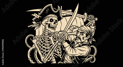 Epic Pirate Duel: Brave Buccaneer Fighting an Undead Skeleton Captain with Sabers, Featuring Kraken Tentacles and Sailing Ship Background Illustration
