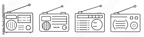Four diverse vintage style radio set line art illustration graphic