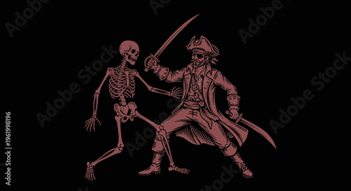 Pirate Captain Engaged in a Sword Duel with an Undead Skeleton, Nautical Fantasy Woodcut Style Vector Illustration