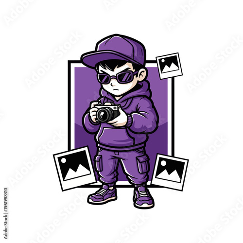 Cool kid photographer in purple outfit with camera and sunglasses.