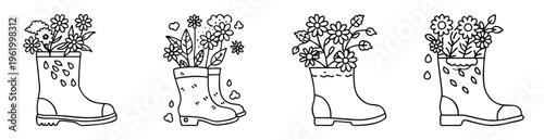 Black and white line art illustration featuring wellington boots filled with flowers