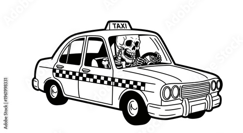 Skeleton Driving a Vintage Taxi Car, Spooky Black and White Vector Illustration of a Dead Cab Driver