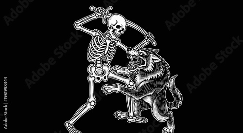 Skeleton Warrior Fighting a Ferocious Wolf with a Sword, Vintage Woodcut Style Illustration on Black Background