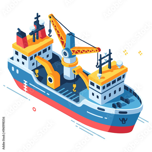 Colorful isometric fishing vessel with crane on white background. No editable stroke