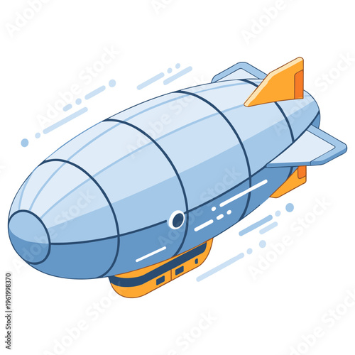 Futuristic blue airship with orange accents in flight. No editable stroke