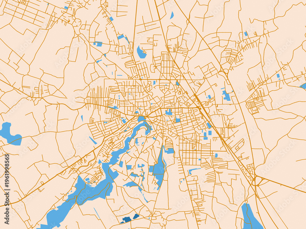 Fototapeta premium City map of Leskovac, Serbia — light cream city field with mustard-gold linework and vivid blue lakes, rivers and waterways