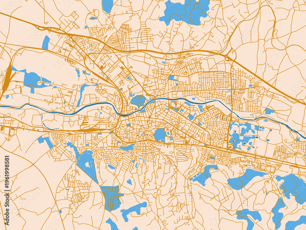 Naklejka premium Urban map poster of Nis, Serbia with warm neutral map design featuring golden roads, pale cream land and bright blue water accents