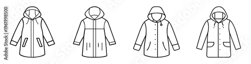 Four different black and white line drawing raincoats with hoods