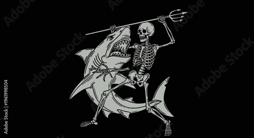 Skeleton Riding a Great White Shark Holding a Trident, Gothic Sea Monster Warrior Vector Illustration