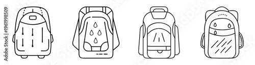 Four assorted backpacks in black outline minimalist design isolated on white