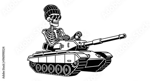 Skeleton Driving Military Tank Wearing Beanie and Sunglasses Vector Illustration