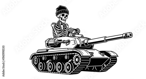 Skeleton Wearing Beanie and Gold Chain Driving a Military Tank Vector Illustration