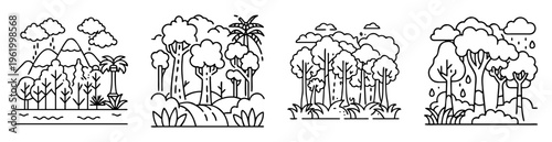 black and white line art illustration of four different forest landscapes