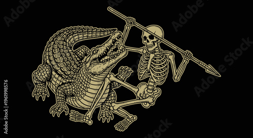 Skeleton Warrior Fighting a Giant Crocodile with a Spear, Vintage Engraving Style Illustration