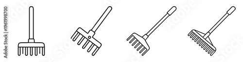 Four line art drawings of garden rakes with long handles and tines