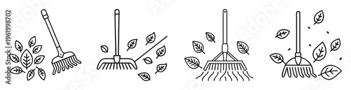 Outline illustration of garden rakes and leaves, representing autumn or yard work