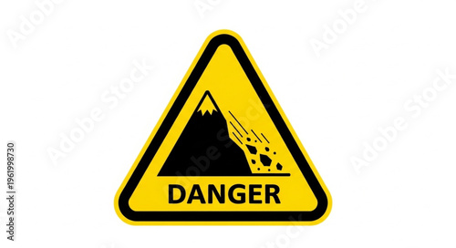 Yellow triangular danger sign showing falling rocks symbol.