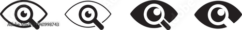 Eye search icon, visual tracking and detection symbol with magnifying glass, visibility control scanning concept for user interface content viewing