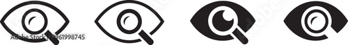 Eye search icon, view and visibility symbol with magnifying glass, watching scanning visual inspection concept for user interface navigation systems