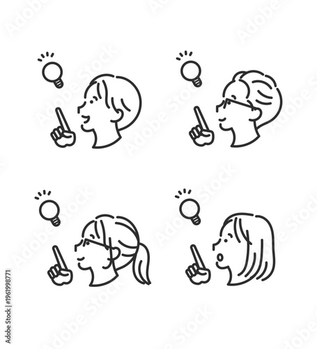 ひらめく横顔の男女のイラストアイコン素材セット　線画のみ