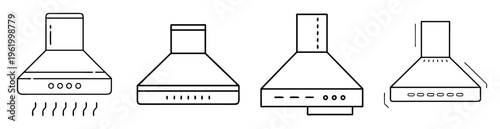 Line drawing showcasing various styles of kitchen range hoods for ventilation