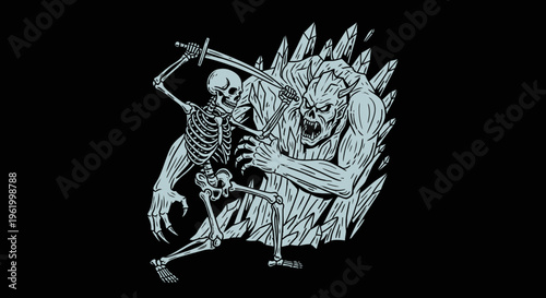 Skeleton Warrior Fighting a Horned Demon Monster with a Sword in a Crystal Cave, Dark Fantasy Vector Illustration