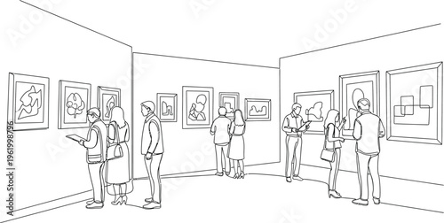 people visiting art gallery with paintings on wall