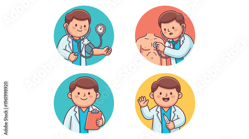 Diverse medical professional doctor icons illustrating healthcare, clinical duties, and patient care for web design