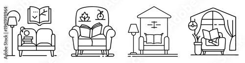 Cozy reading nooks and spaces shown with line art illustration style