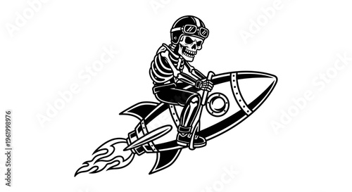 Skeleton Astronaut Character Riding a Rocket Ship Vector Illustration, Vintage Style Mascot of a Skull Pilot with Helmet and Goggles Blasting into Outer Space