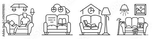 Four cozy couch scenes with different lighting and reading arrangements