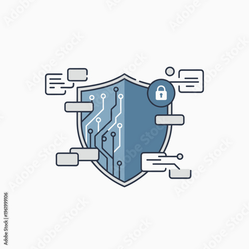 A shield with a circuit board pattern and a padlock icon, representing digital security and data protection.