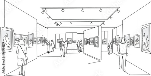 art gallery with people viewing paintings