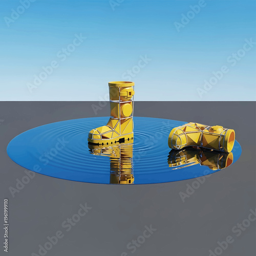 A surreal scene with yellow metallic objects in water